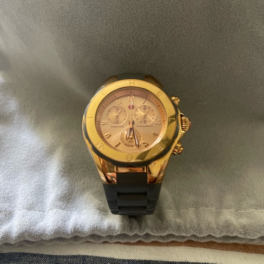 Michele gray and rose gold watch